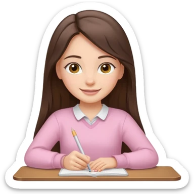 smiling long brunette hair girl hazel eyes wearing light pink clothes writing sticker