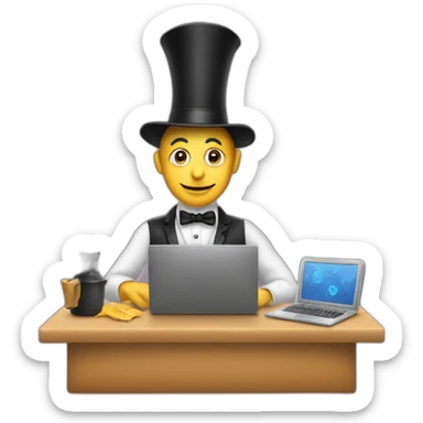 magician programming a laptop with an emoji of an idling truck on the screen sticker