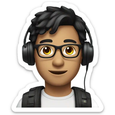 Young man with black hair brown eyes glasses and a gaming headset sticker