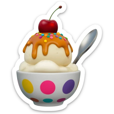 Hyperrealistic ice-cream sundae with caramel sauce, colorful and sparkly sprinkles,  with a cherry on top, in a plauful patterrned bowl and silver spoon, extremely detailed, high quality, isolated, 3D rendering, 8k hd, 600 dpi. No emoji icons, no emoji faces, no human figures  sticker