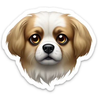 Tibetan Spaniel, with soft, brown face framed by floppy ears. black eyes and dark nose, giving it an alert, curious expression. body mostly white with brown patches and soft, medium-length fur. tail curls upwards, covered in feathery fur sticker