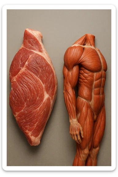 Confronto anatomico tra un taglio di carne di maiale (es. spalla o coscia) e muscolatura umana, evidenziando somiglianze nelle fibre muscolari, nel colore e nella texture. Entrambi i campioni sono illuminati in modo scientifico, con dettagli realistici e sfondo neutro.  sticker