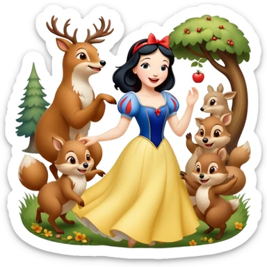 Cinematic Playful Snow White Portrait Emoji, Laughing while dancing with woodland animals, dress twirling gracefully, a whimsical sparkle in her eye, radiating charm and pure delight! sticker