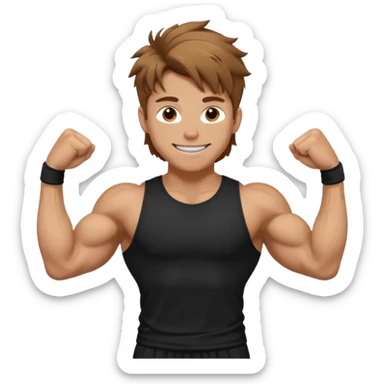 Gym rat with light brown hair and black t shirt, and messy hair. And muscular ,and happy a little sticker