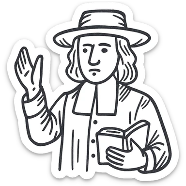 white line drawing of a 17th Century preacher, historical attire, simple and clear lines, no fill, realistic proportions and facial features, less cartoony sticker