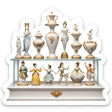 Icon for Porcelain Figurine Collecting: a collection of delicate porcelain figurines, such as animals, dancers, and historical characters, displayed on a shelf or in a display case. The icon should convey the elegance and artistry of collecting porcelain statues. Transparent background. sticker