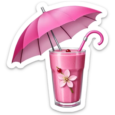 Hot pink smoothie with glitter, cherry blossom, and straw with umbrella sticker