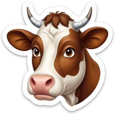Cinematic Noble Brown and White Cow Portrait Emoji, Poised and regal, with a large, sturdy build and a beautifully patterned hide of rich brown accented by crisp white patches, deep-set soulful brown eyes, Simplified yet sharp and sophisticated features, highly detailed, glowing with a soft, dignified glow, high shine, intelligent and calm, stylized with an air of pastoral majesty, focused and attentive, soft glowing outline, capturing the essence of a watchful and confident bovine guardian, so majestic it feels as though it could amble out of the screen with effortless authority! sticker