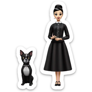 Audrey Hepburn as Sabrina Barbie. Wednesday Addams. Show full body. Embroidered long gown with accessories  sticker