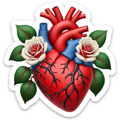 Anatomical heart  black and crimson veins and white roses sticker