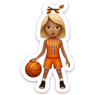 apple style emoji of a basketball girl player with autumn leaves, representing 'Fall Fadeaway' for October sticker