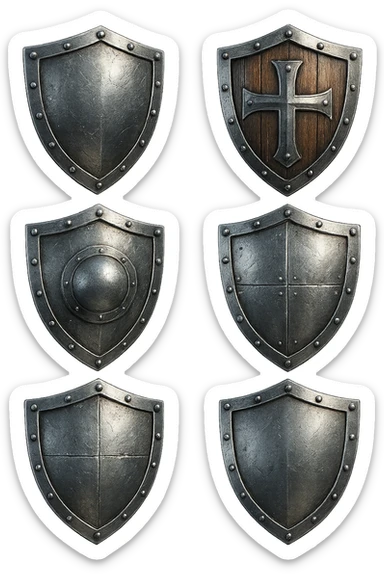 6 scudi che simboleggiano "difesa e protezione", realistici in 3d fluttuano in aria, iperrealistico 4k sticker
