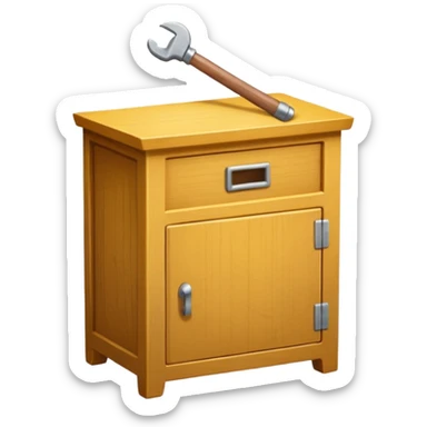Compact emoji-style icon showing a small wooden cabinet with one door slightly open, a hammer resting beside it, and a plank of wood leaning in the background. Light brown wood tones, silver hammer head, yellow handle. Soft shadows, clean glossy look.  sticker