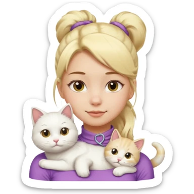 a girl with a ponytail, blonde hair, a white fluffy cat lying on her left shoulder and neck, emoji style sticker