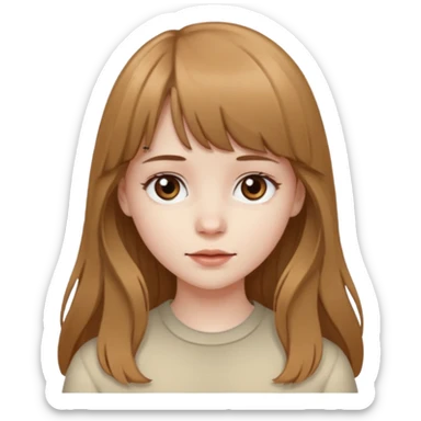 Pale skinned girl with light brown hair and dark brown eyes. She has bangs and her hair is slightly big wavy and long sticker