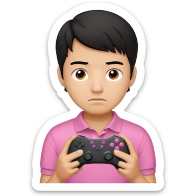 generate a pretty tan bratz boy with a pink polo. Holding a gaming controller in hand. Black hair.looking sad sticker