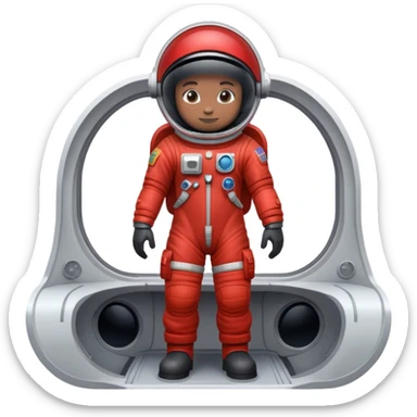 Un astronauta con una tuta spaziale rossa in piedi su una navetta, con un visore scuro sticker