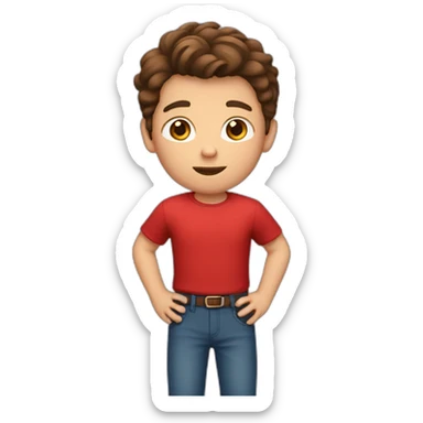 A boy with brown hair wearing a red shirt and red pants sticker