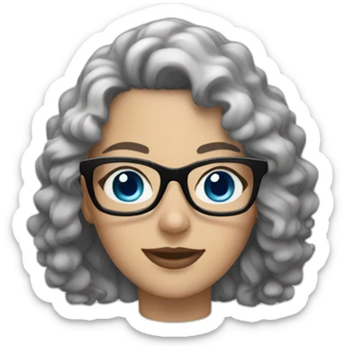 white woman with black curly hair, blue eyes and glasses sticker