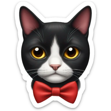 Grumpy black cat with white triangle marking under chin, wearing a red bow tie  sticker