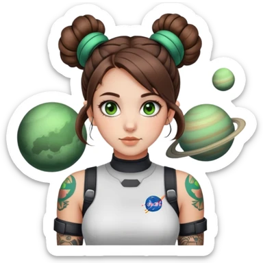 Me, im a 27 year old girl with shoulder length brown hair often half up in space buns with green eyes and tattoos sticker