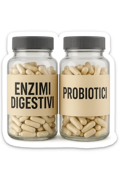 DUE BARATTOLI di integratore con la scritta "ENZIMI DIGESTIVI" E "PROBIOTICI", iperrealistico 4k sticker