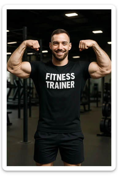 Fitness trainer shows the biceps at full length sticker