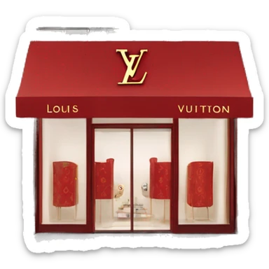 “Louis Vuitton store exterior with a red facade, iconic LV monogram, large glass windows, and elegant entrance doors.” sticker