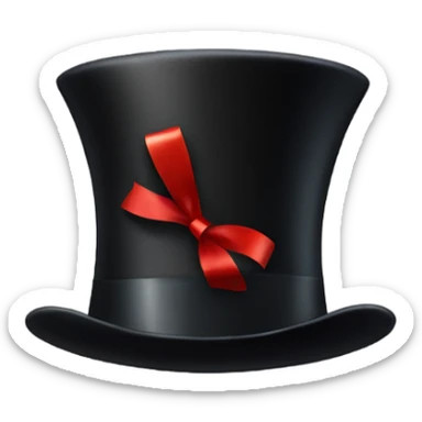 A black top hat displaying a red ribbon around the base. The ribbon forms a visible bow at the front, with the ends falling slightly over  sticker
