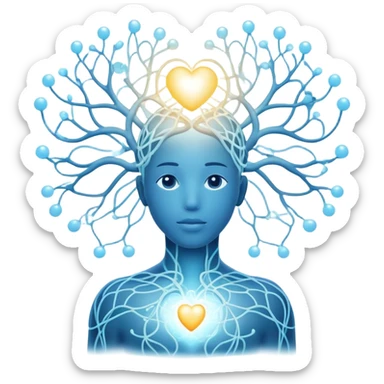 human silhouette with glowing nodes at head and heart, interconnected by flowing lines and floating orbs, soft white-blue light sticker