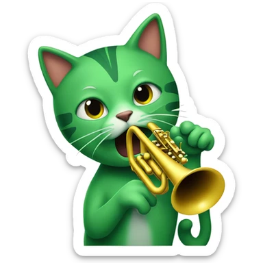 a green cat playing a trumpet sticker