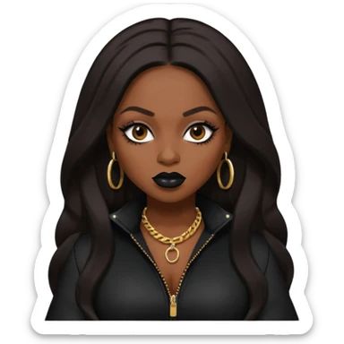 Foxy Brown, Rapper with dark brown long hair, black lip, black outfit sticker