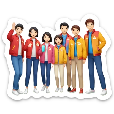 "East Asian colleagues in color-coded jackets picnic, play frisbee, and take group photos under cherry blossoms. Cloud-shaped Sunlord logo in background. Circular minimalist style." sticker