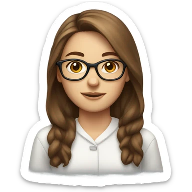 white girl, long brown hair behind ears with glasses, laptop sticker