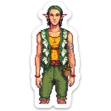 elf male Sleeveless vest with palm-leaf print, basket of exotic fruits (mango/lychee), sunburned nose. sticker
