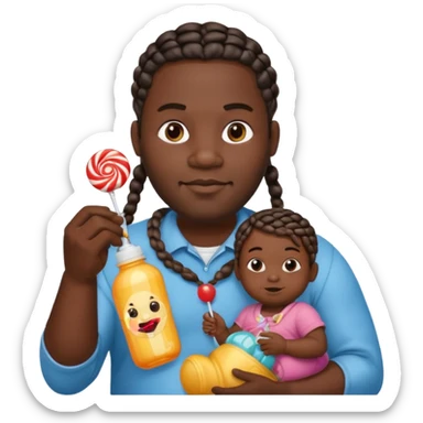 Big black man with braids hold a  baby bottle and a lollipop sticker