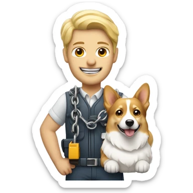white hear blond engineer with a corgi dog which is holding chain sticker