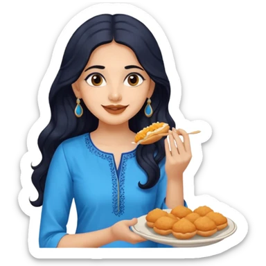 a pretty indian bratz girl with wavy long black hair. eyeliner on, wearing a blue kurti, eating vadapav sticker