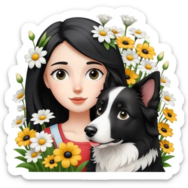 A girl is holding a black and white border collie in the flowers sticker