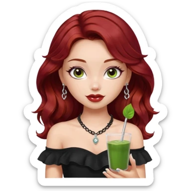 a pretty fair bratz girl with wavy dark red hair, wearing a black off shoulder top . silver dainty layered necklaces, carrying a matcha sticker