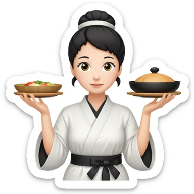 middle age mom with black bun wearing white home kimono and white apron sticker