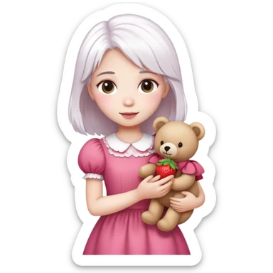 girl with white hair holding a strawberry wearing a pink dress holding a teddy bear sticker