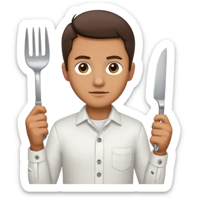 A man holding and for and knife sticker