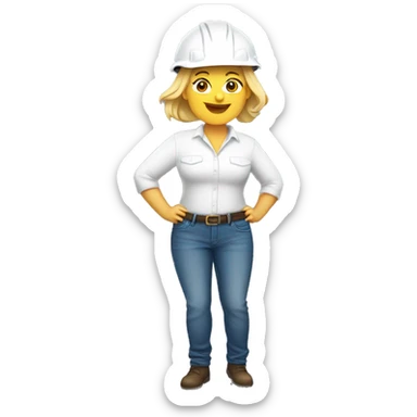 Blond short hair middle age woman with curvy body. White shirt and jeans. Construction helmet on hands sticker