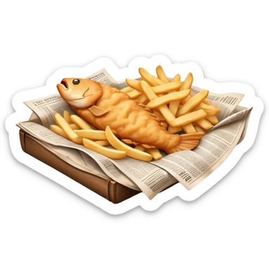 Fish and Chips Cinematic Realistic Fish and Chips Dish Emoji, depicted as a crispy battered fish fillet and golden chips served in traditional newspaper wrapping, rendered with lifelike textures and warm natural lighting that captures its iconic British street food charm  . sticker