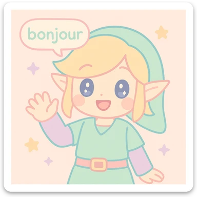 Link from Zelda smiling and greeting, speech bubble with 'bonjour', colorful, anime-inspired style sticker