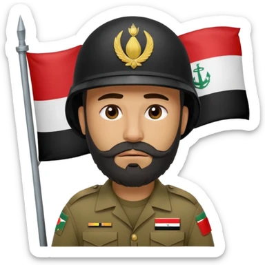 A tired, swarthy Iraqi soldier with a beard, an Iraqi flag on his helmet, a sad expression and bags under his eyes sticker