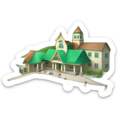 a small school at the foot of a beautiful green mountain with children playing balls sticker