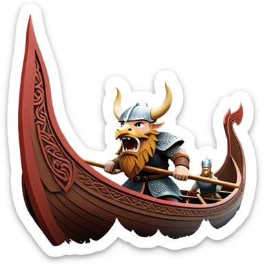 clash-of-clans-aesthetic_-cinematic-viking-longboat, rendered in a flat, bold vector style with minimal shading, featuring a striking dragon-headed prow slicing through icy, churning waters. shields on the side and vikings rowing The longboat’s intricately detailed shields and carved motifs evoke a sense of epic adventure and Nordic might, with billowing sails catching a dramatic, stormy sky backdrop. sticker