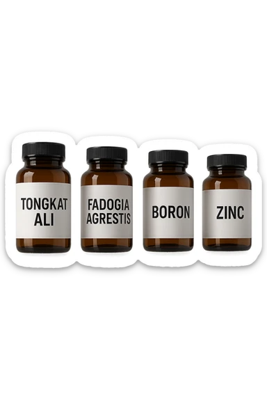 4 boccette di integratore: Tongkat Ali, Fadogia Agrestis, Boron e Zinco fluttuano in aria verticalmente sticker